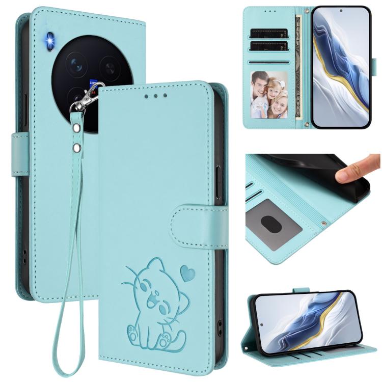 Embossed Heart Cat Leather Phone Case with Hand Strap, For vivo X300 Pro, For vivo X300