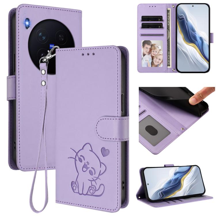 Embossed Heart Cat Leather Phone Case with Hand Strap, For vivo X300 Pro, For vivo X300