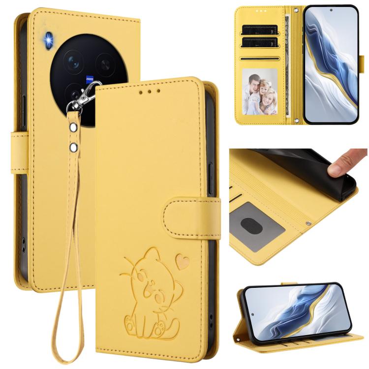 Embossed Heart Cat Leather Phone Case with Hand Strap, For vivo X300 Pro, For vivo X300
