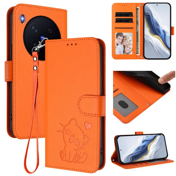 Embossed Heart Cat Leather Phone Case with Hand Strap, For vivo X300 Pro, For vivo X300