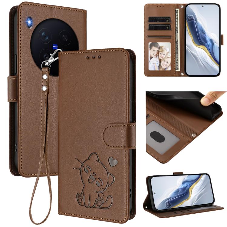 Embossed Heart Cat Leather Phone Case with Hand Strap, For vivo X300 Pro, For vivo X300