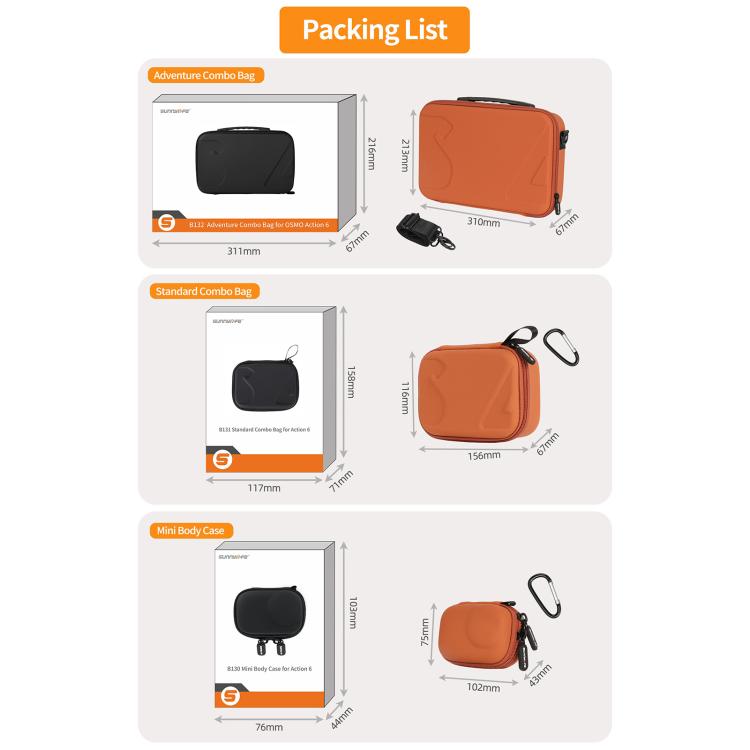 For DJI Osmo Action 6 / 5 Pro / 4 / 3 Sunnylife Portable Carrying Storage Box, Mini Body Bag, Standard Combo Bag, Adventure Combo Bag