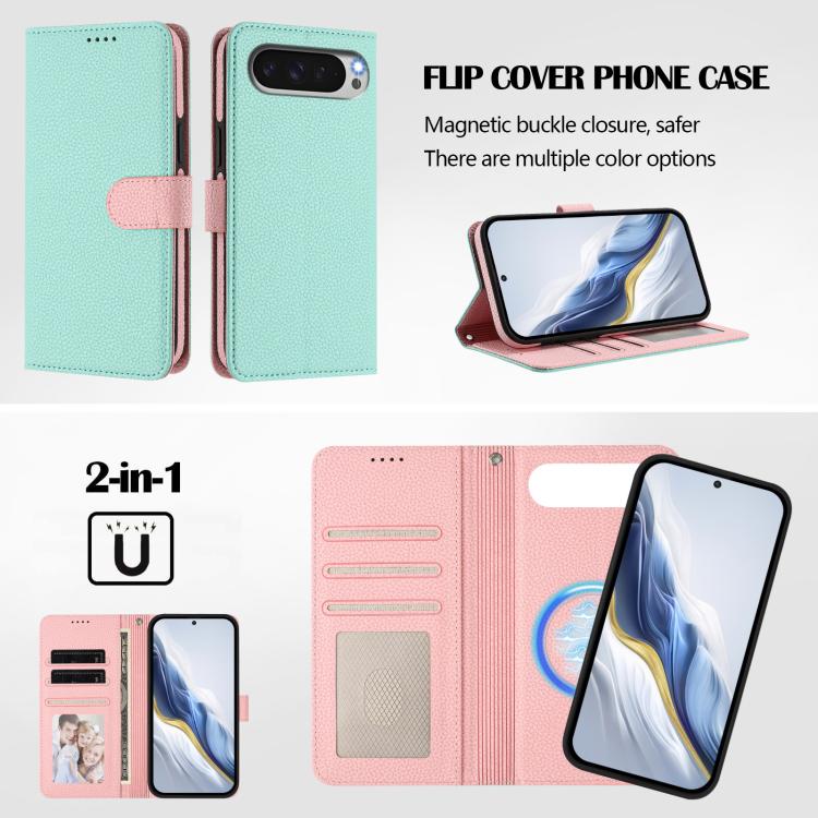 Detachable Litchi Texture Magnetic Side-Patch Vegan Leather Phone Case, For Google Pixel 10 Pro XL, For Google Pixel 10 / 10 Pro, For Google Pixel 9 Pro XL, For Google Pixel 9 / 9 Pro, For Google Pixel 8 Pro, For Google Pixel 8