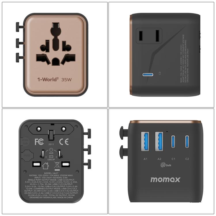 MOMAX 1-World UA27 PD 35W Dual AC GaN Fast Charger, UA27