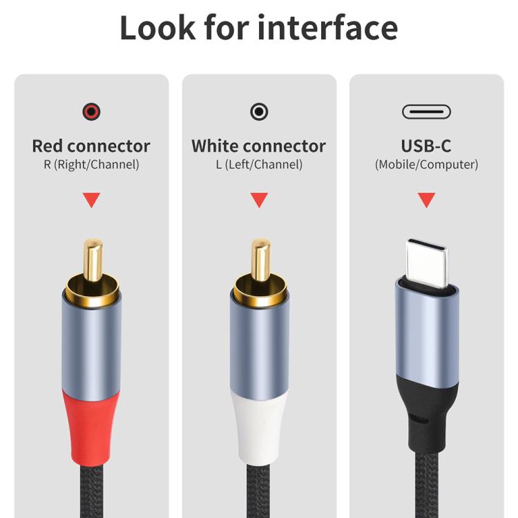24-bit Type-C to Dual RCA Male Audio Decoding Cable, 1m, 2m, 3m