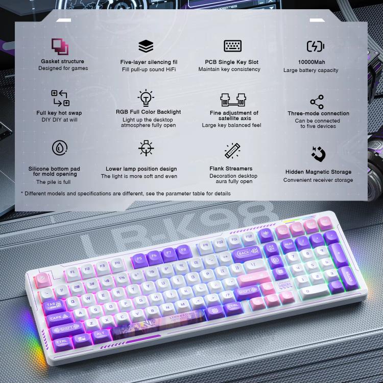 LINGBAO K98 101 Keys Triple-mode Wireless Game Keyboard, Black Pink-Grey Wood Axis V4-Korean, Blue-Grey Wood Axis V4-Korean, Black Red-Grey Wood Axis V3-Korean, Black Red-Grey Wood Axis V3-Russian, Blue-Grey Wood Axis V4-Russian