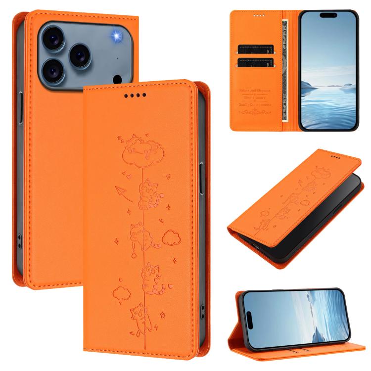Cute Cats Embossed Magnetic RFID Vegan Leather Phone Case, For iPhone 18 Pro / 17 Pro, For iPhone 18 Pro Max / 17 Pro Max, For iPhone 17e / 16e, For iPhone 17