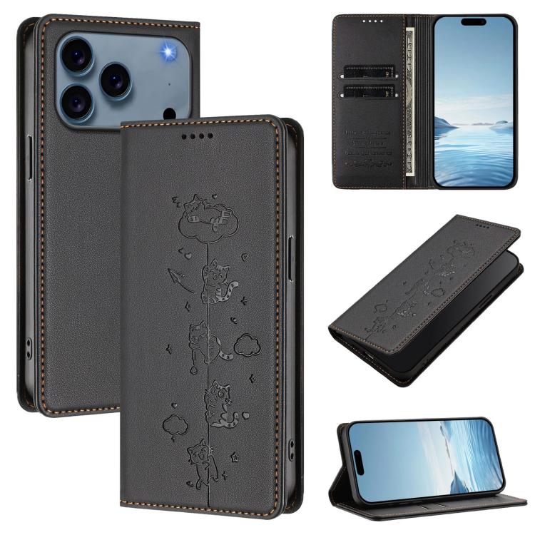 Cute Cats Embossed Magnetic RFID Vegan Leather Phone Case, For iPhone 18 Pro / 17 Pro, For iPhone 18 Pro Max / 17 Pro Max, For iPhone 17e / 16e, For iPhone 17