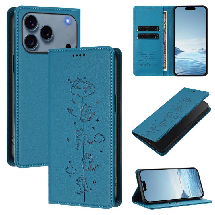 Cute Cats Embossed Magnetic RFID Vegan Leather Phone Case, For iPhone 18 Pro / 17 Pro, For iPhone 18 Pro Max / 17 Pro Max, For iPhone 17e / 16e, For iPhone 17