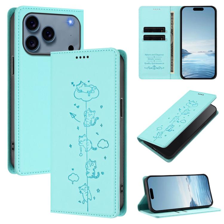 Cute Cats Embossed Magnetic RFID Vegan Leather Phone Case, For iPhone 18 Pro / 17 Pro, For iPhone 18 Pro Max / 17 Pro Max, For iPhone 17e / 16e, For iPhone 17