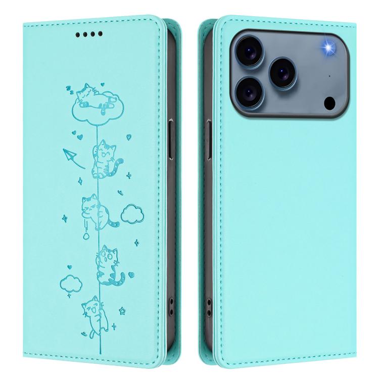 Cute Cats Embossed Magnetic RFID Vegan Leather Phone Case, For iPhone 18 Pro / 17 Pro, For iPhone 18 Pro Max / 17 Pro Max, For iPhone 17e / 16e, For iPhone 17