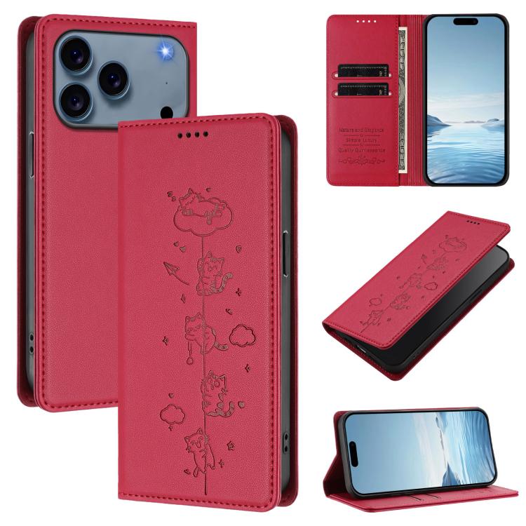 Cute Cats Embossed Magnetic RFID Vegan Leather Phone Case, For iPhone 18 Pro / 17 Pro, For iPhone 18 Pro Max / 17 Pro Max, For iPhone 17e / 16e, For iPhone 17