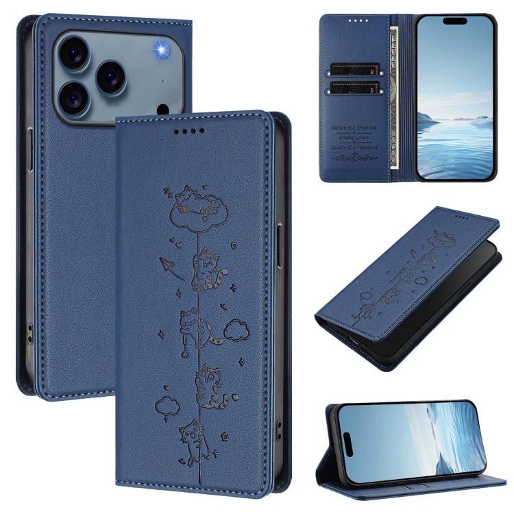 Cute Cats Embossed Magnetic RFID Vegan Leather Phone Case, For iPhone 18 Pro / 17 Pro, For iPhone 18 Pro Max / 17 Pro Max, For iPhone 17e / 16e, For iPhone 17
