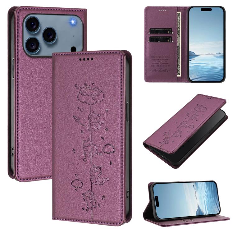 Cute Cats Embossed Magnetic RFID Vegan Leather Phone Case, For iPhone 18 Pro / 17 Pro, For iPhone 18 Pro Max / 17 Pro Max, For iPhone 17e / 16e, For iPhone 17