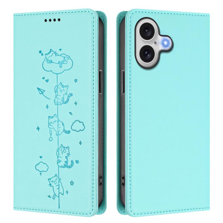 Cute Cats Embossed Magnetic RFID Vegan Leather Phone Case, For iPhone 16, For iPhone 15 Pro Max, For iPhone 15 Pro, For iPhone 15 Plus