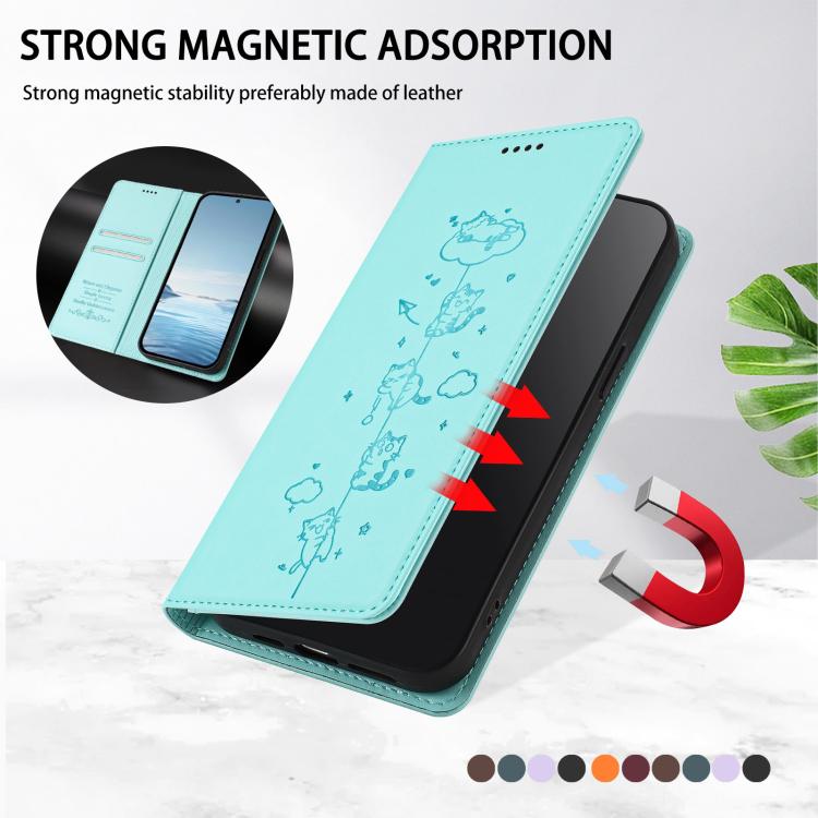 Cute Cats Embossed Magnetic RFID Vegan Leather Phone Case, For iPhone 16, For iPhone 15 Pro Max, For iPhone 15 Pro, For iPhone 15 Plus