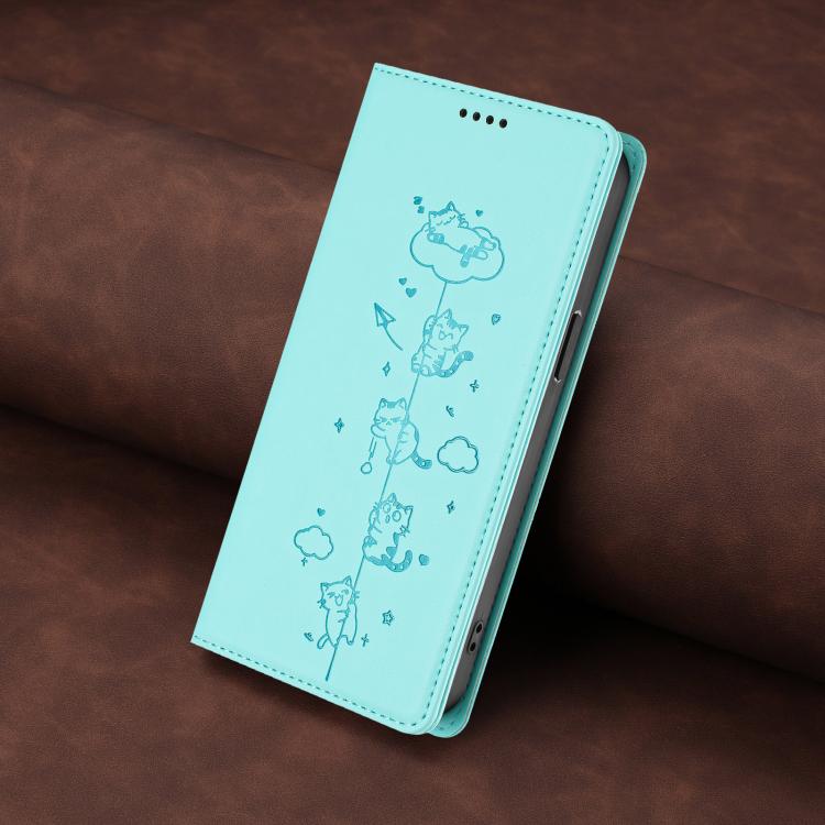 Cute Cats Embossed Magnetic RFID Vegan Leather Phone Case, For iPhone 16, For iPhone 15 Pro Max, For iPhone 15 Pro, For iPhone 15 Plus