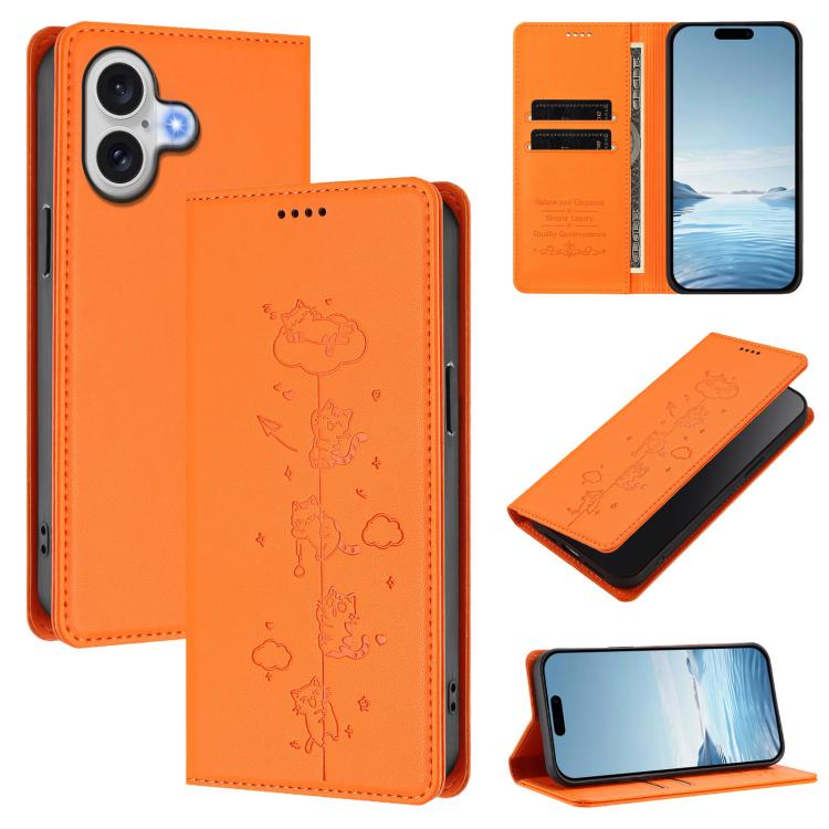 Cute Cats Embossed Magnetic RFID Vegan Leather Phone Case, For iPhone 16, For iPhone 15 Pro Max, For iPhone 15 Pro, For iPhone 15 Plus