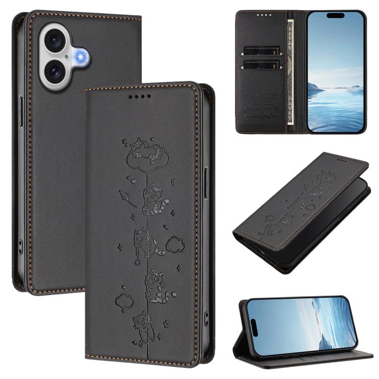 Cute Cats Embossed Magnetic RFID Vegan Leather Phone Case, For iPhone 16, For iPhone 15 Pro Max, For iPhone 15 Pro, For iPhone 15 Plus