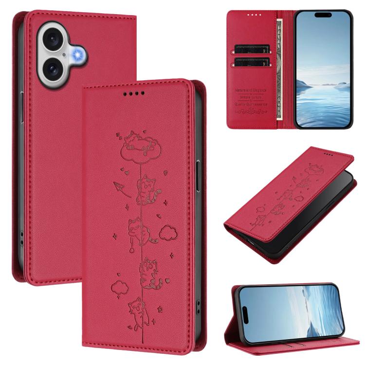 Cute Cats Embossed Magnetic RFID Vegan Leather Phone Case, For iPhone 16, For iPhone 15 Pro Max, For iPhone 15 Pro, For iPhone 15 Plus