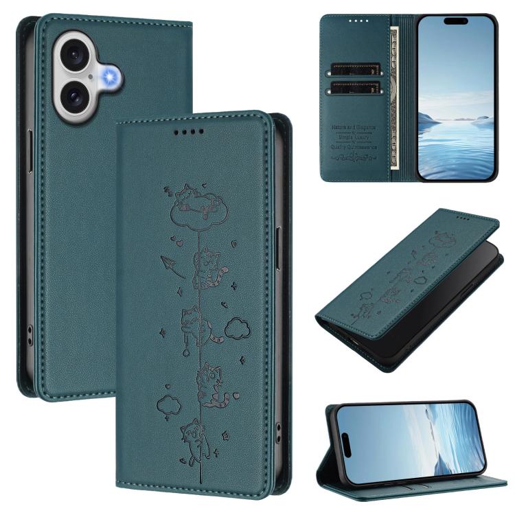 Cute Cats Embossed Magnetic RFID Vegan Leather Phone Case, For iPhone 16, For iPhone 15 Pro Max, For iPhone 15 Pro, For iPhone 15 Plus