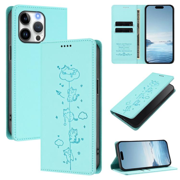 Cute Cats Embossed Magnetic RFID Vegan Leather Phone Case, For iPhone 16, For iPhone 15 Pro Max, For iPhone 15 Pro, For iPhone 15 Plus