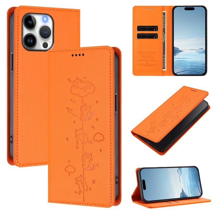Cute Cats Embossed Magnetic RFID Vegan Leather Phone Case, For iPhone 16, For iPhone 15 Pro Max, For iPhone 15 Pro, For iPhone 15 Plus
