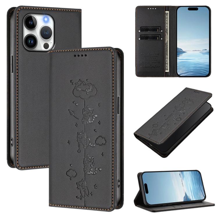 Cute Cats Embossed Magnetic RFID Vegan Leather Phone Case, For iPhone 16, For iPhone 15 Pro Max, For iPhone 15 Pro, For iPhone 15 Plus