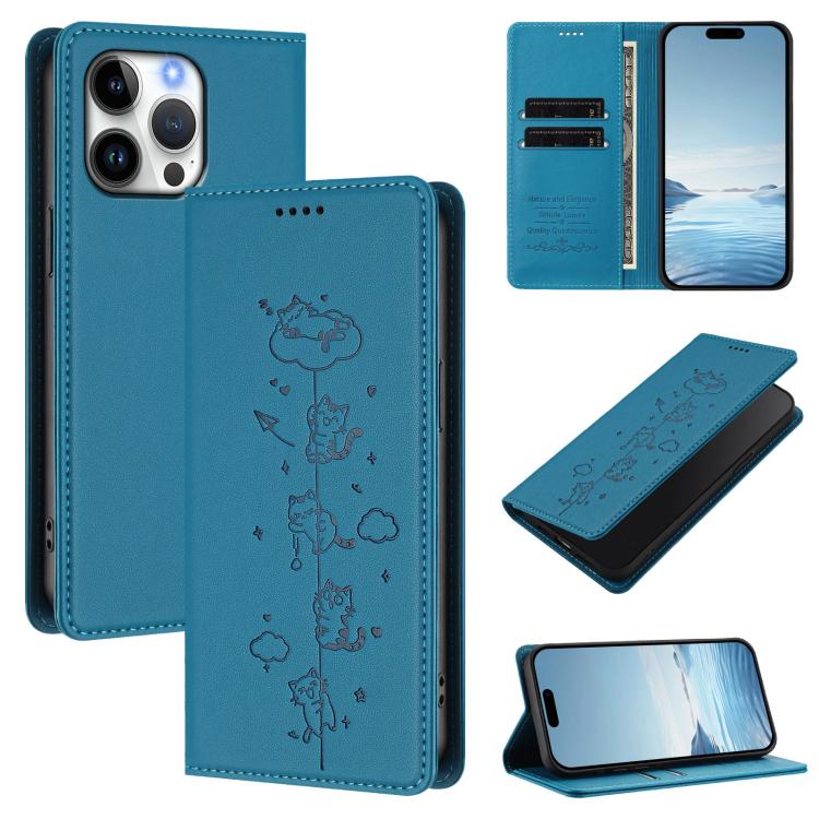 Cute Cats Embossed Magnetic RFID Vegan Leather Phone Case, For iPhone 16, For iPhone 15 Pro Max, For iPhone 15 Pro, For iPhone 15 Plus