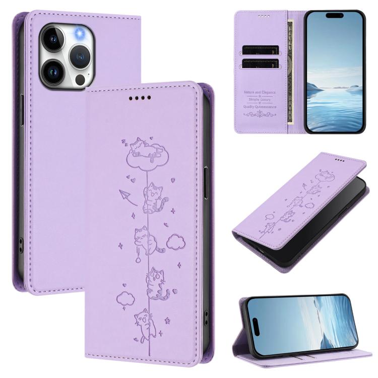 Cute Cats Embossed Magnetic RFID Vegan Leather Phone Case, For iPhone 16, For iPhone 15 Pro Max, For iPhone 15 Pro, For iPhone 15 Plus
