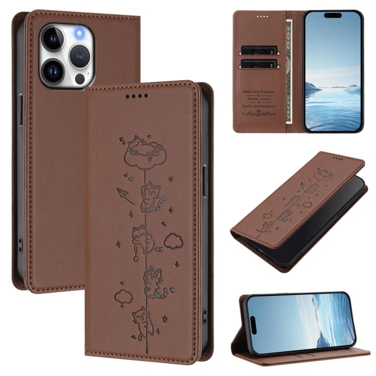 Cute Cats Embossed Magnetic RFID Vegan Leather Phone Case, For iPhone 16, For iPhone 15 Pro Max, For iPhone 15 Pro, For iPhone 15 Plus