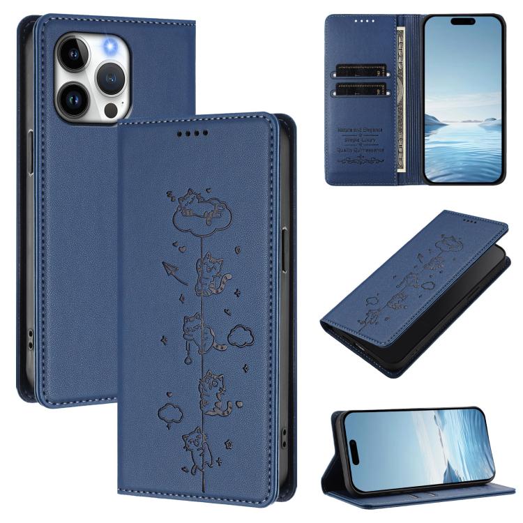 Cute Cats Embossed Magnetic RFID Vegan Leather Phone Case, For iPhone 16, For iPhone 15 Pro Max, For iPhone 15 Pro, For iPhone 15 Plus