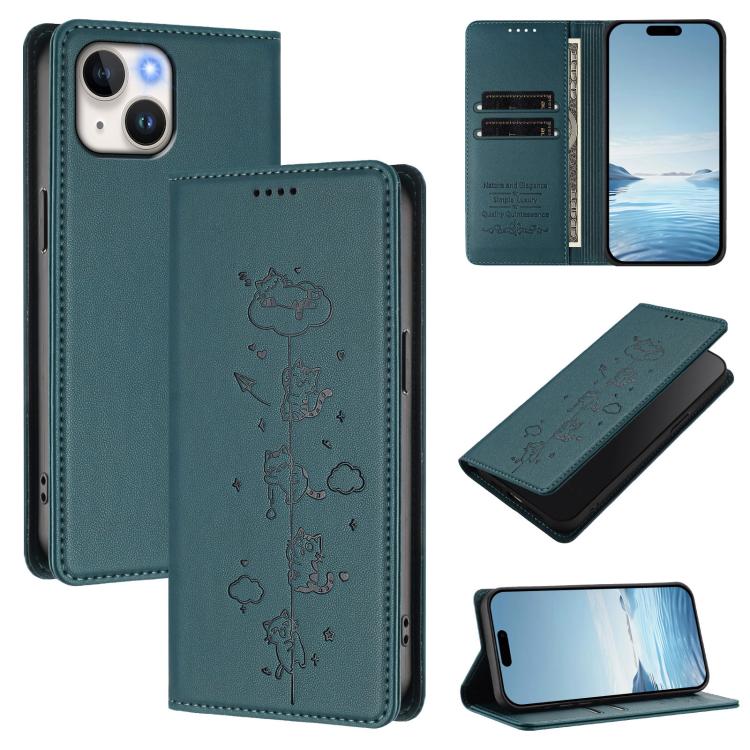 Cute Cats Embossed Magnetic RFID Vegan Leather Phone Case, For iPhone 16, For iPhone 15 Pro Max, For iPhone 15 Pro, For iPhone 15 Plus