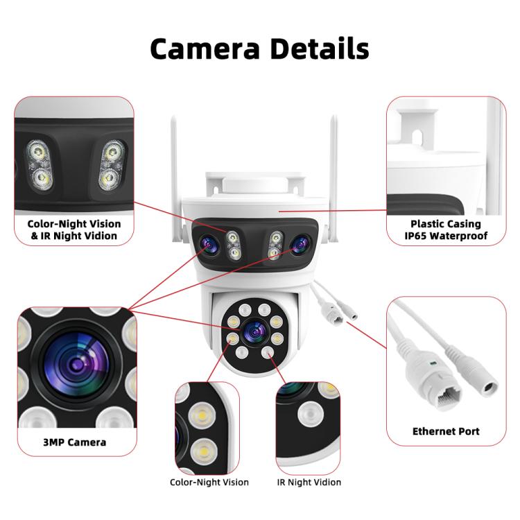RH-TC3L 3MP Triple Lens HD Outdoor PTZ Security Dome Camera, EU Plug, US Plug, UK Plug, AU Plug