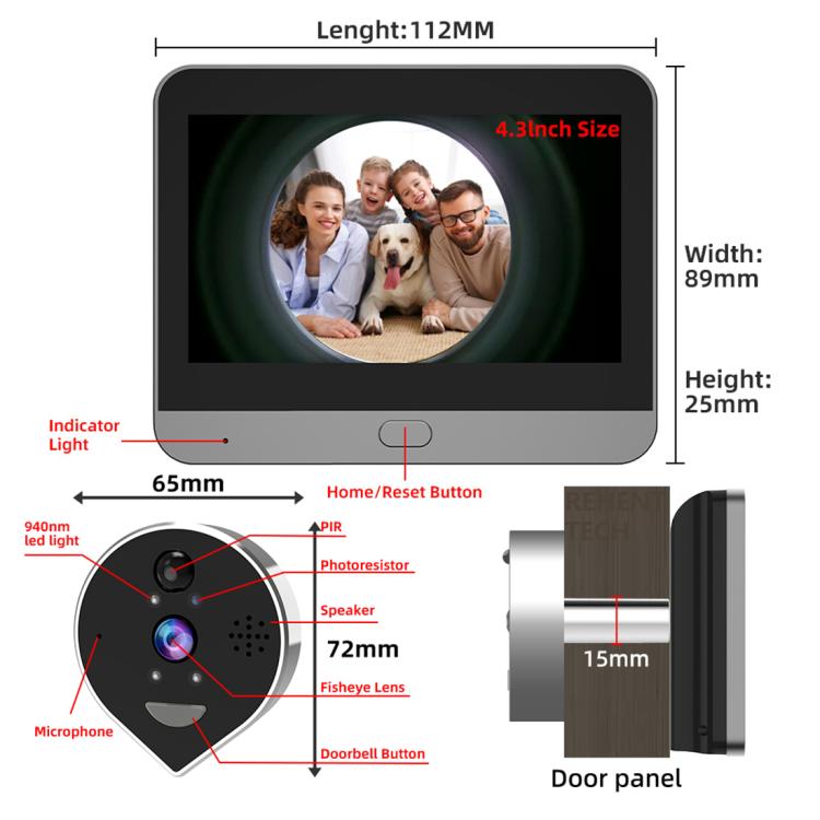 RH-PD7 4.3 inch HD Screen 360 Degree Panoramic Peephole 2.4G Wireless WiFi Video Doorbell, RH-PD7