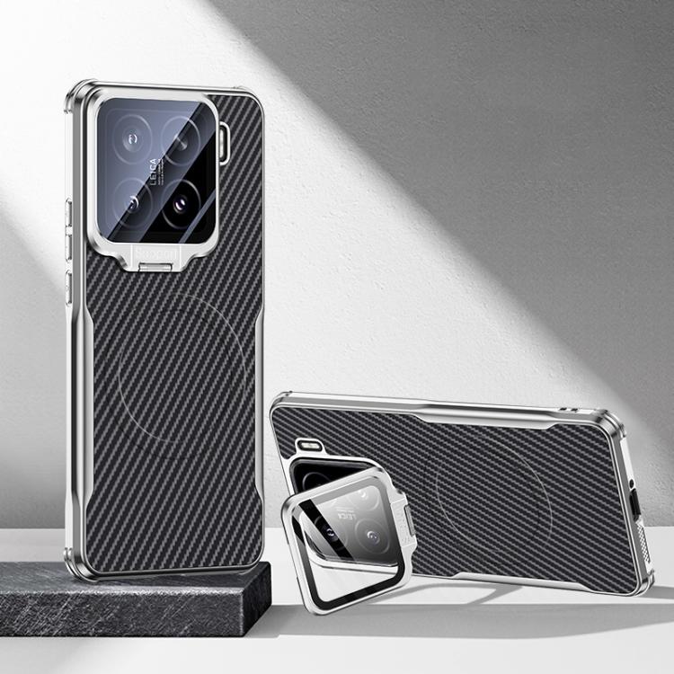 Carbon Fiber Textured Electroplated Lens Holder Magnetic Phone Case, For Xiaomi 17 Pro Max, For Xiaomi 17 Pro, For Xiaomi 15 Ultra, For Xiaomi 15 Pro, For Xiaomi 15