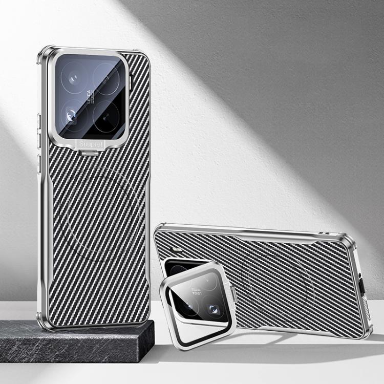 Carbon Fiber Textured Electroplated Lens Holder Magnetic Phone Case, For Xiaomi 17 Pro Max, For Xiaomi 17 Pro, For Xiaomi 15 Ultra, For Xiaomi 15 Pro, For Xiaomi 15