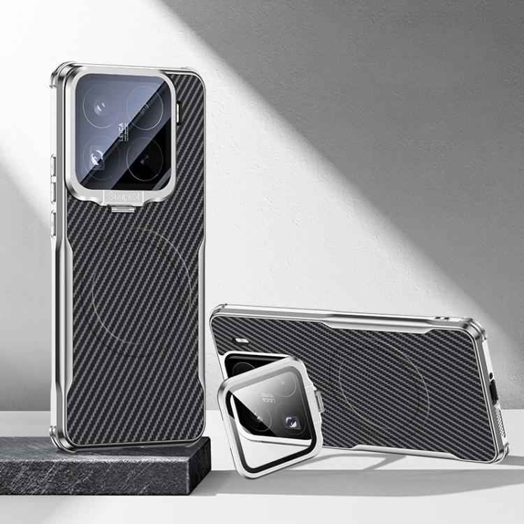 Carbon Fiber Textured Electroplated Lens Holder Magnetic Phone Case, For Xiaomi 17 Pro Max, For Xiaomi 17 Pro, For Xiaomi 15 Ultra, For Xiaomi 15 Pro, For Xiaomi 15