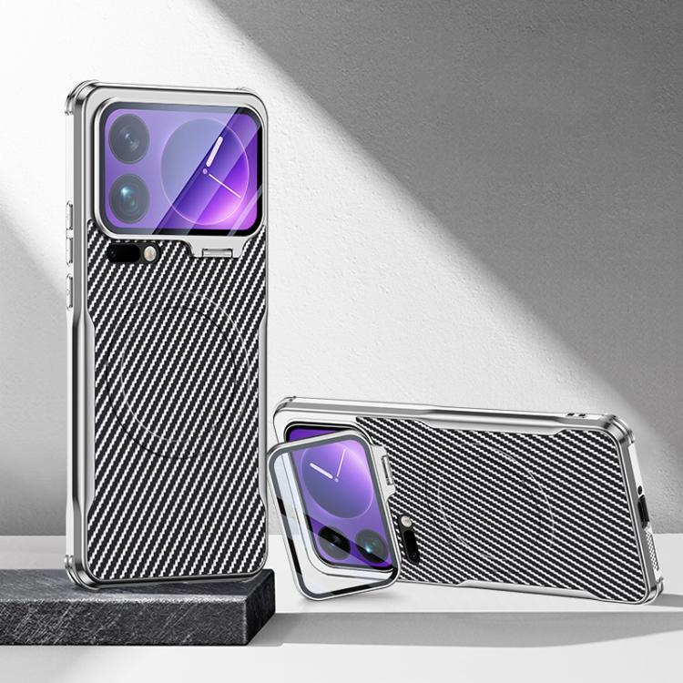 Carbon Fiber Textured Electroplated Lens Holder Magnetic Phone Case, For Xiaomi 17 Pro Max, For Xiaomi 17 Pro, For Xiaomi 15 Ultra, For Xiaomi 15 Pro, For Xiaomi 15