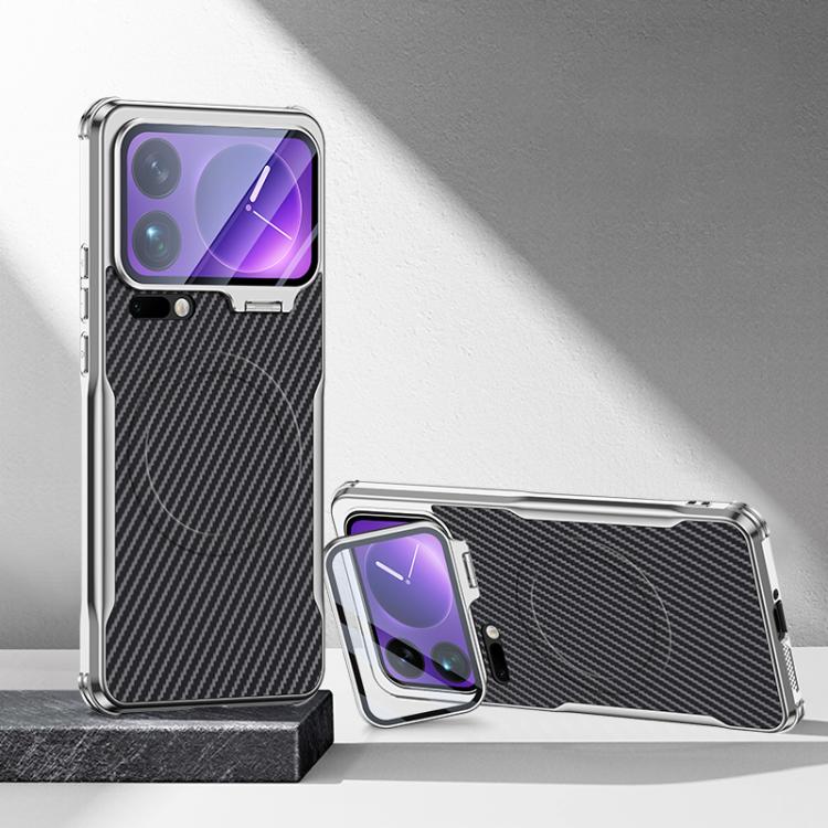 Carbon Fiber Textured Electroplated Lens Holder Magnetic Phone Case, For Xiaomi 17 Pro Max, For Xiaomi 17 Pro, For Xiaomi 15 Ultra, For Xiaomi 15 Pro, For Xiaomi 15