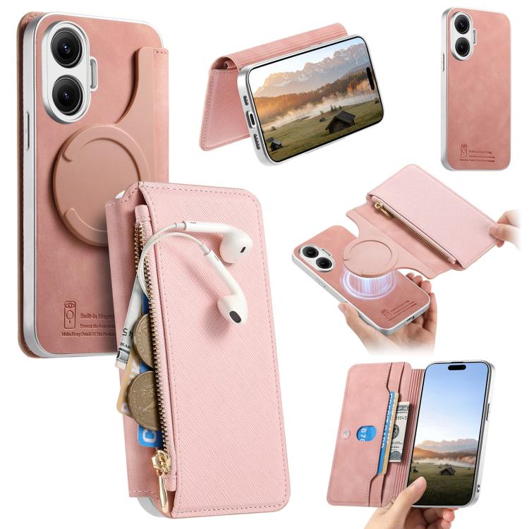 CaseNeo Precision Hole Silver-Edged Magnetic Zipper Wallet Cross-Grain Vegan Leather Phone Case, For Redmi Turbo 4 Pro, For Redmi Turbo 4, For Redmi Note 14 5G