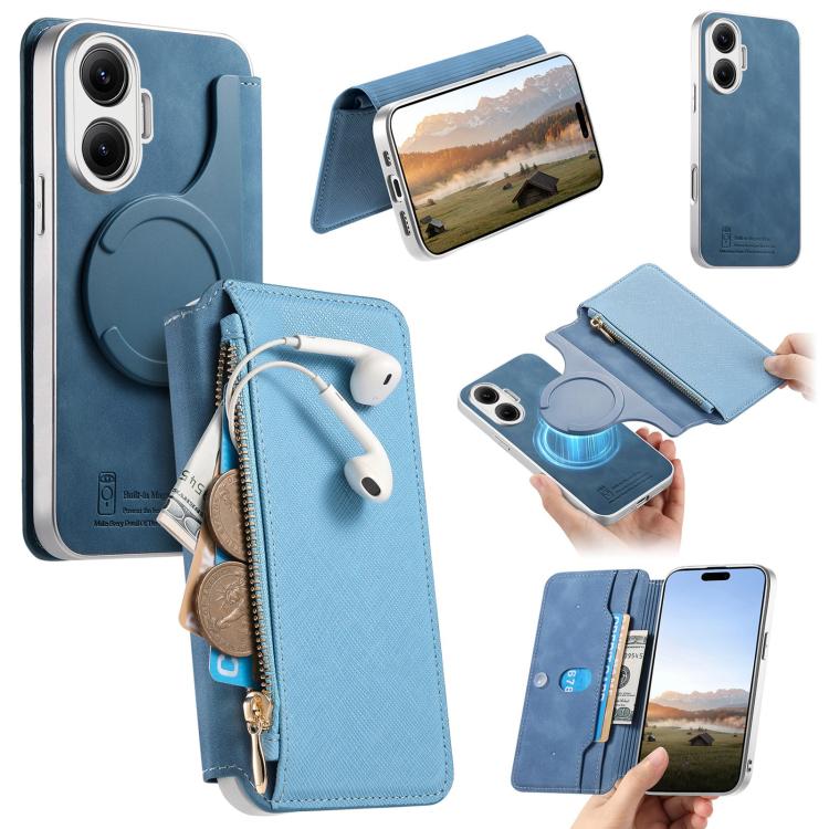 CaseNeo Precision Hole Silver-Edged Magnetic Zipper Wallet Cross-Grain Vegan Leather Phone Case, For Redmi Turbo 4 Pro, For Redmi Turbo 4, For Redmi Note 14 5G