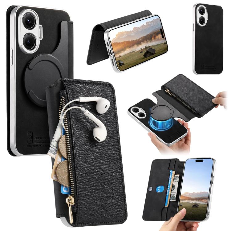 CaseNeo Precision Hole Silver-Edged Magnetic Zipper Wallet Cross-Grain Vegan Leather Phone Case, For Redmi Turbo 4 Pro, For Redmi Turbo 4, For Redmi Note 14 5G