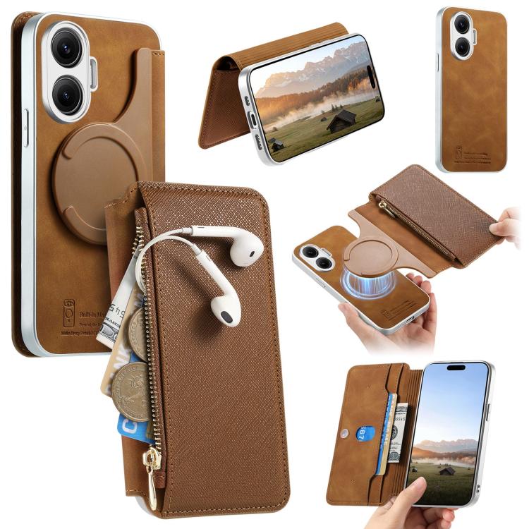 CaseNeo Precision Hole Silver-Edged Magnetic Zipper Wallet Cross-Grain Vegan Leather Phone Case, For Redmi Turbo 4 Pro, For Redmi Turbo 4, For Redmi Note 14 5G