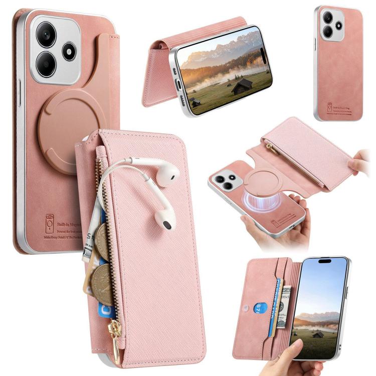 CaseNeo Precision Hole Silver-Edged Magnetic Zipper Wallet Cross-Grain Vegan Leather Phone Case, For Redmi Turbo 4 Pro, For Redmi Turbo 4, For Redmi Note 14 5G