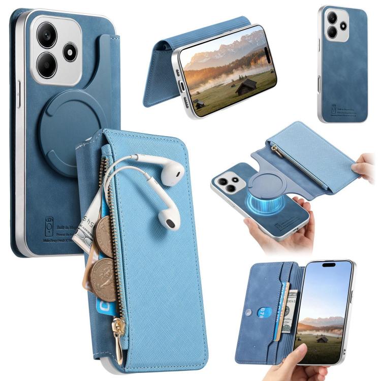 CaseNeo Precision Hole Silver-Edged Magnetic Zipper Wallet Cross-Grain Vegan Leather Phone Case, For Redmi Turbo 4 Pro, For Redmi Turbo 4, For Redmi Note 14 5G