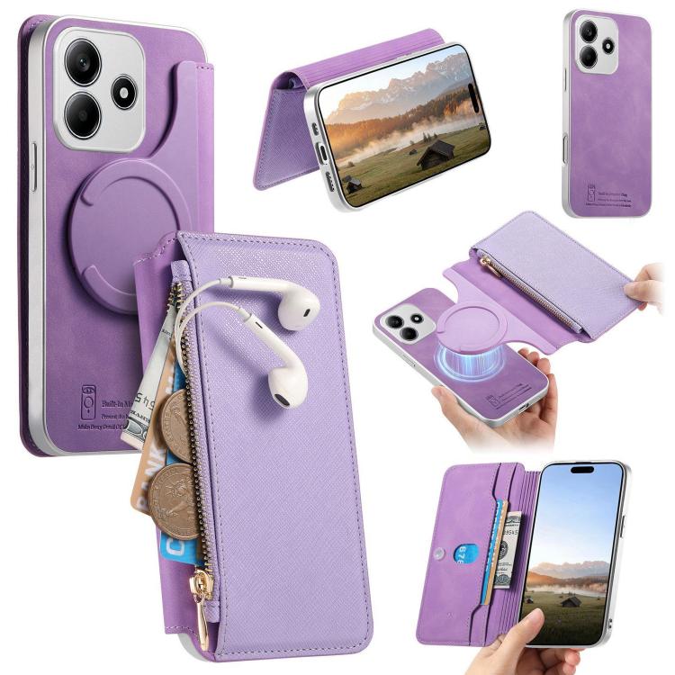 CaseNeo Precision Hole Silver-Edged Magnetic Zipper Wallet Cross-Grain Vegan Leather Phone Case, For Redmi Turbo 4 Pro, For Redmi Turbo 4, For Redmi Note 14 5G