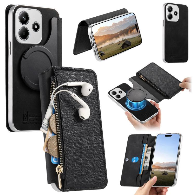 CaseNeo Precision Hole Silver-Edged Magnetic Zipper Wallet Cross-Grain Vegan Leather Phone Case, For Redmi Turbo 4 Pro, For Redmi Turbo 4, For Redmi Note 14 5G