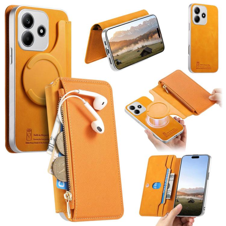 CaseNeo Precision Hole Silver-Edged Magnetic Zipper Wallet Cross-Grain Vegan Leather Phone Case, For Redmi Turbo 4 Pro, For Redmi Turbo 4, For Redmi Note 14 5G