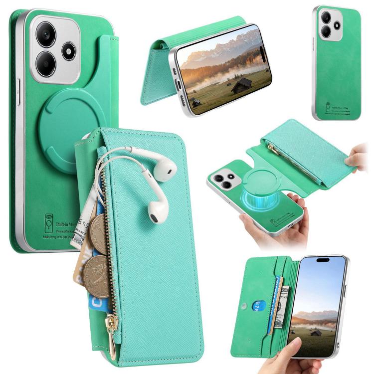 CaseNeo Precision Hole Silver-Edged Magnetic Zipper Wallet Cross-Grain Vegan Leather Phone Case, For Redmi Turbo 4 Pro, For Redmi Turbo 4, For Redmi Note 14 5G